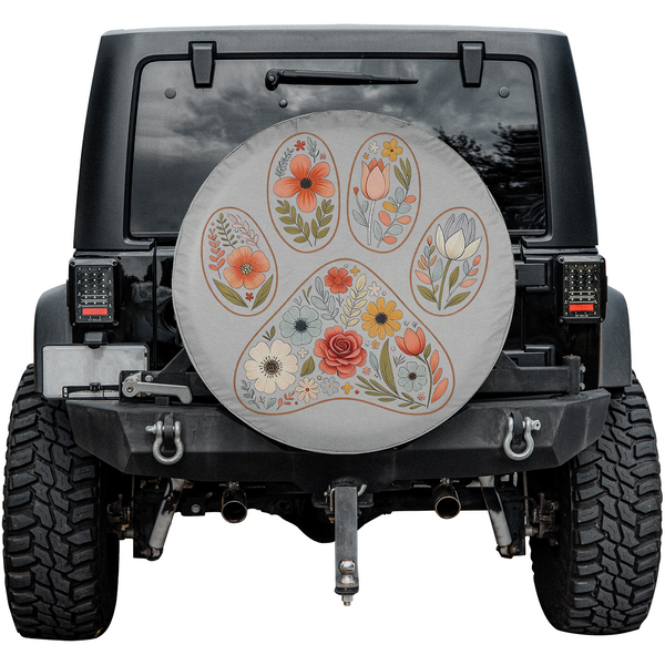 Boho spare tire cover with a paw print, floral design, backup camera hole option