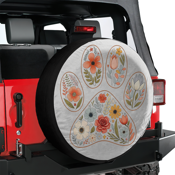 Boho spare tire cover with a paw print, floral design, backup camera hole option
